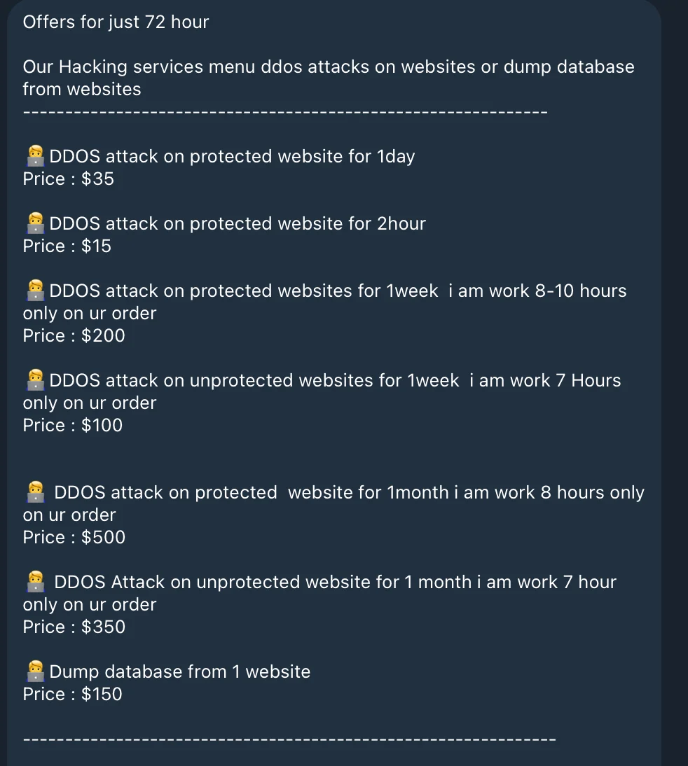 Dark Storm Team's advertised prices for DDoS attacks and database breaches