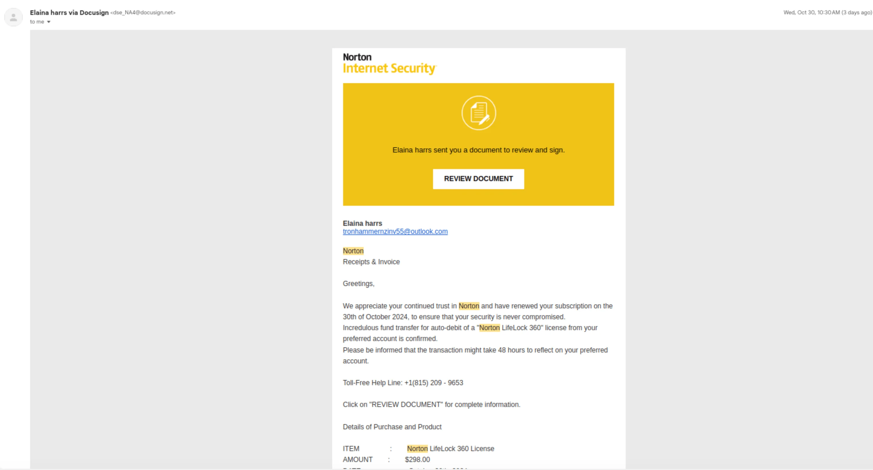 Fake invoice email by DocuSign, impersonating Norton (Source: wallarm)