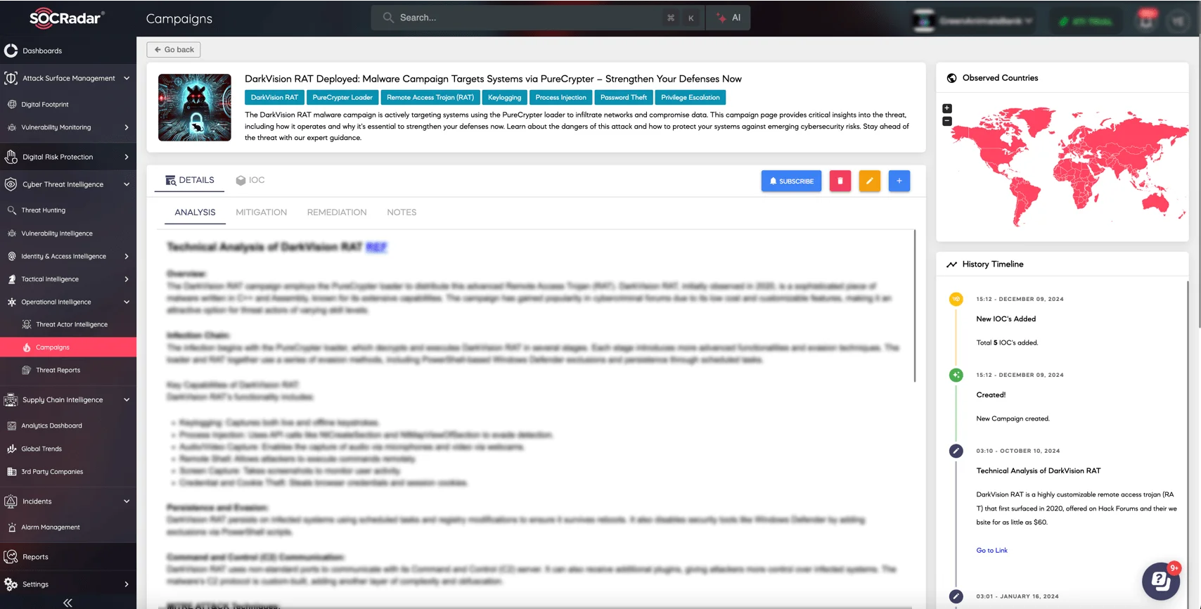 The campaign page for DarkVision RAT on SOCRadar XTI platform