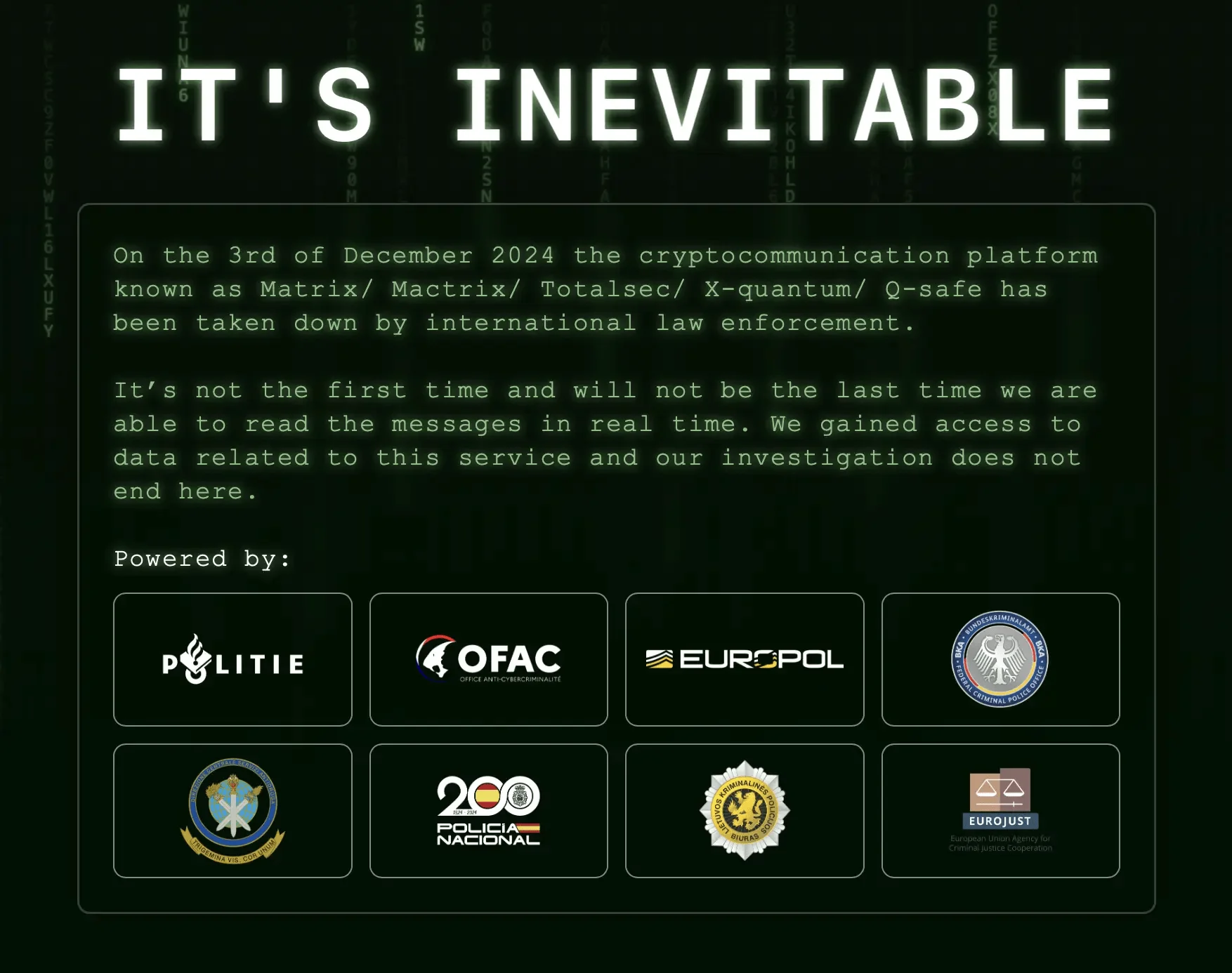 A splash page announcing the takedown of the MATRIX platform by international law enforcement on December 3, 2024.