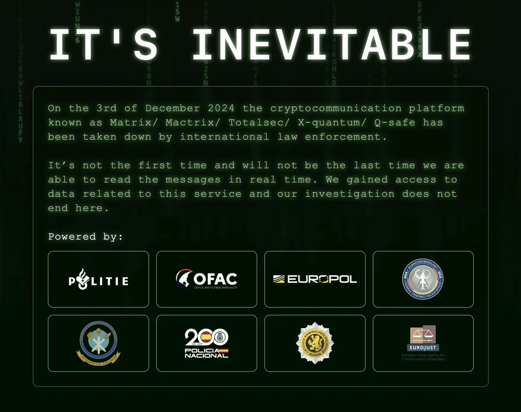 A splash page announcing the takedown of the MATRIX platform by international law enforcement