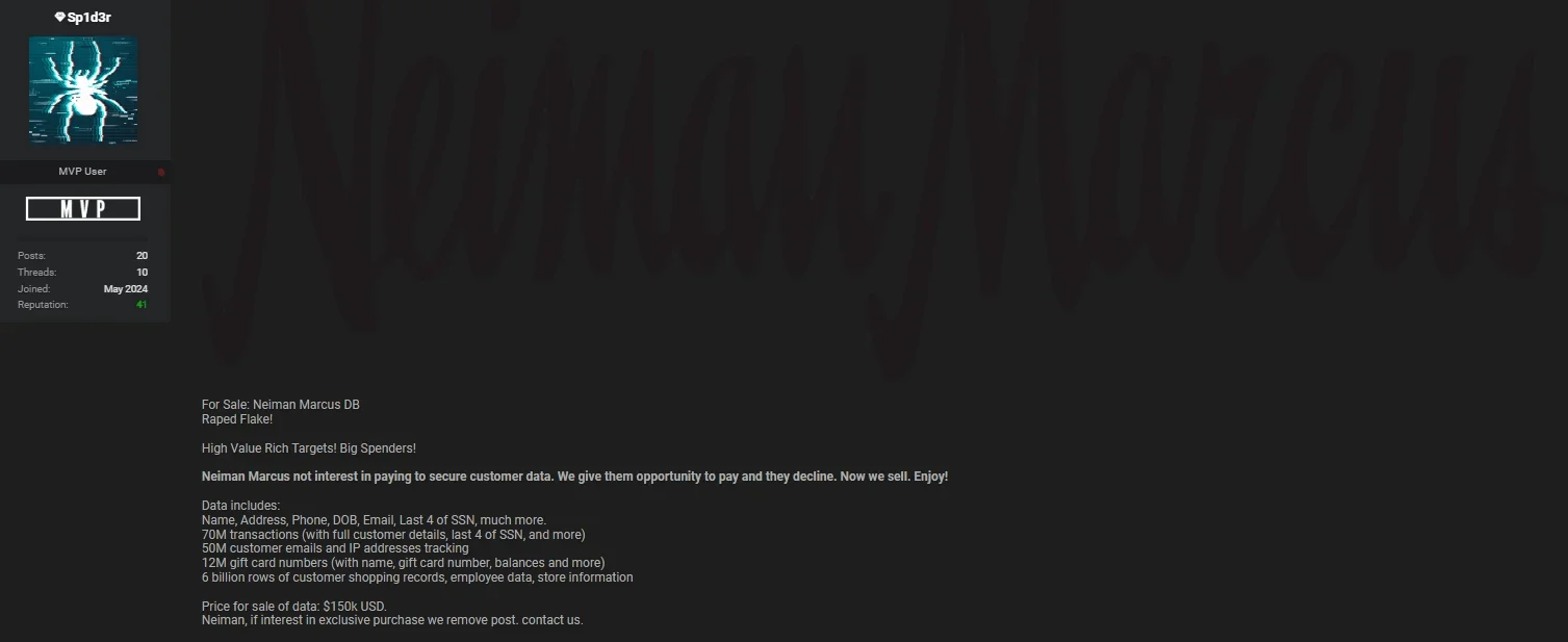 Neiman Marcus Group data breach post by Sp1d3r