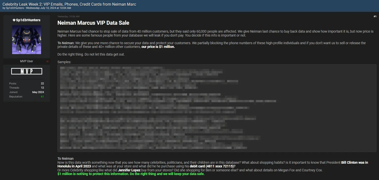 Neiman Marcus VIP data sale post by Sp1d3rHunters