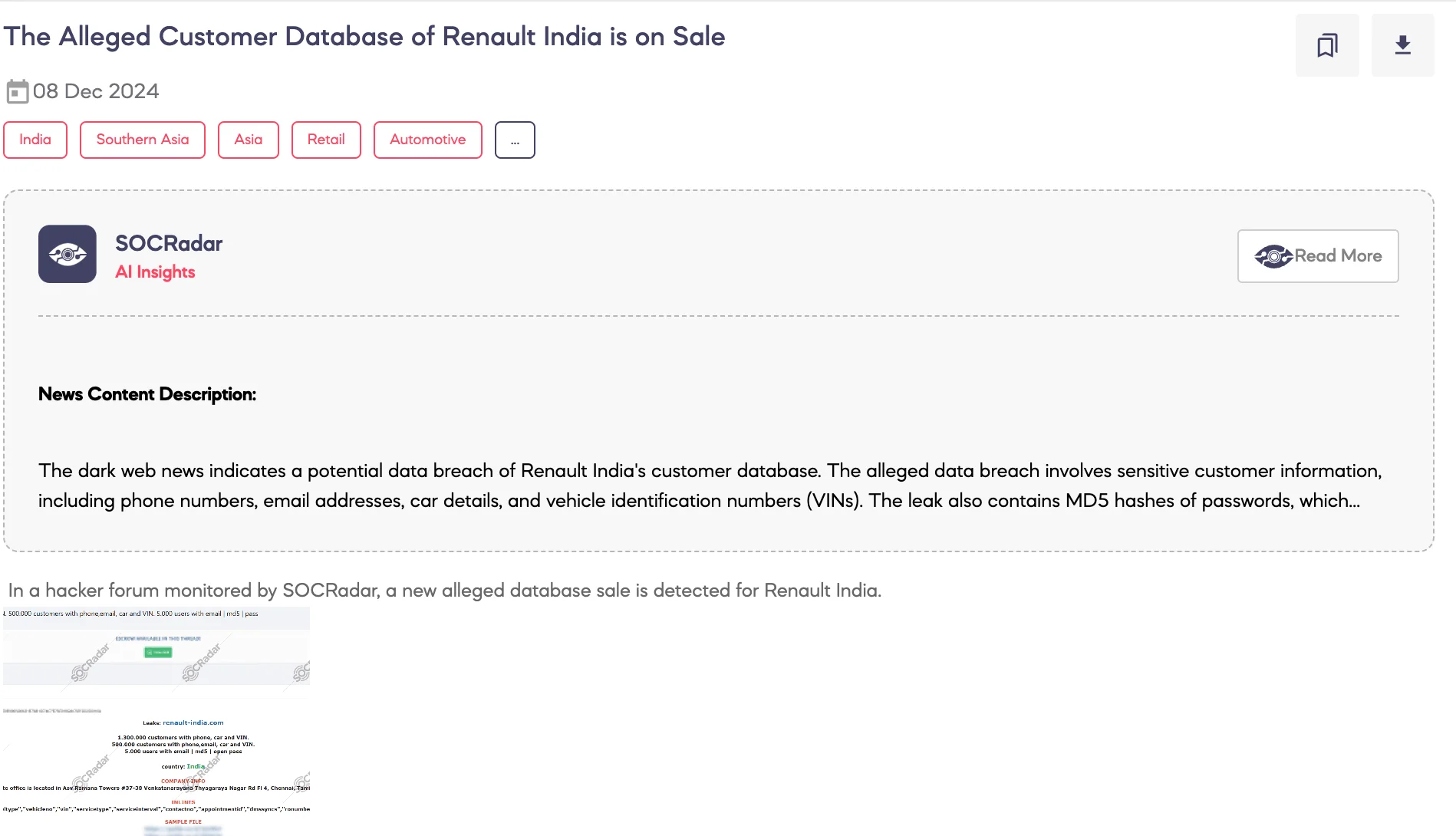 Alleged Customer Database of Renault India is on Sale