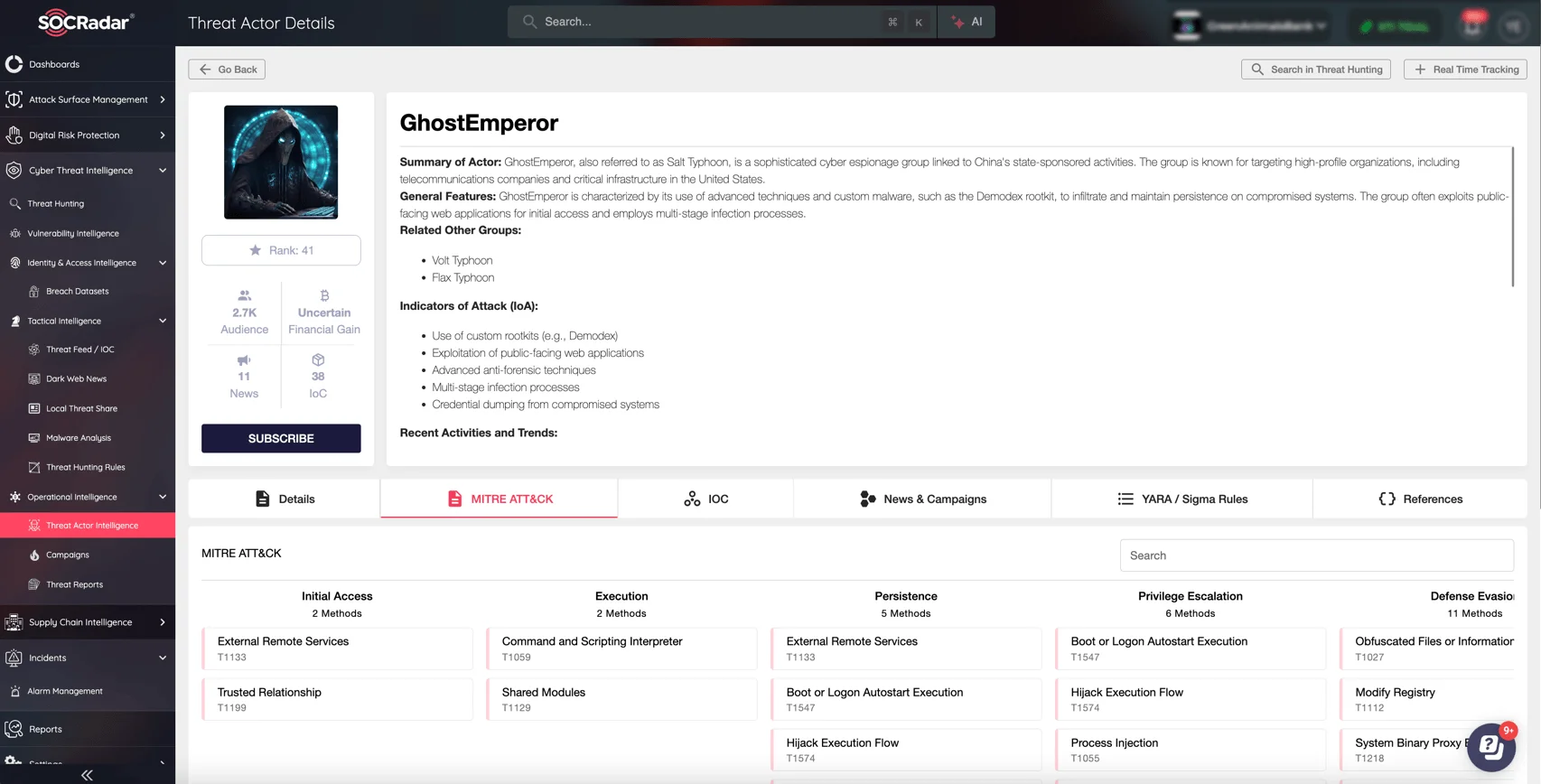 GhostEmperor (Salt Typhoon) details in SOCRadar's Threat Actor Intelligence