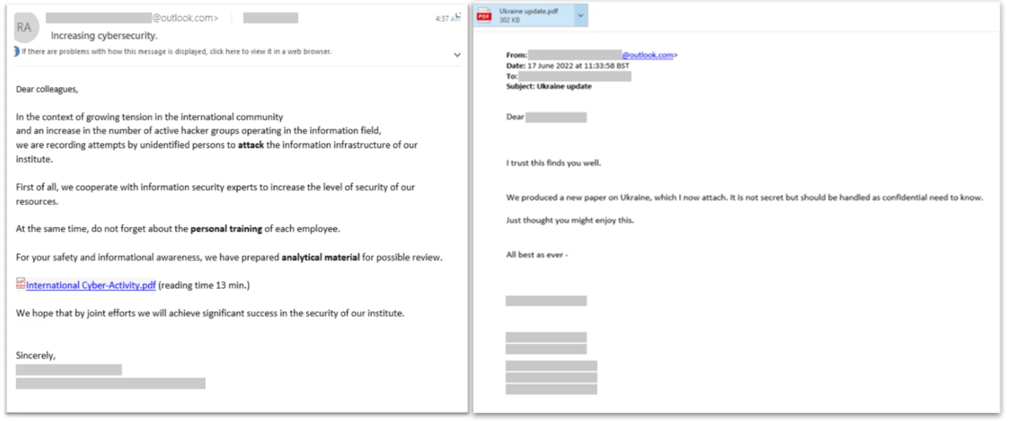 Examples of phishing emails from Star Blizzard, Source: Microsoft