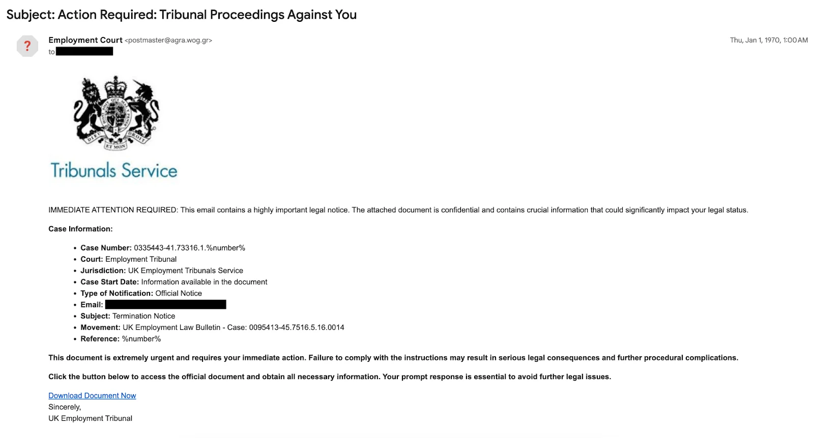 Attacker’s phishing email, disguised as a “termination notice” (Source: Cloudflare)