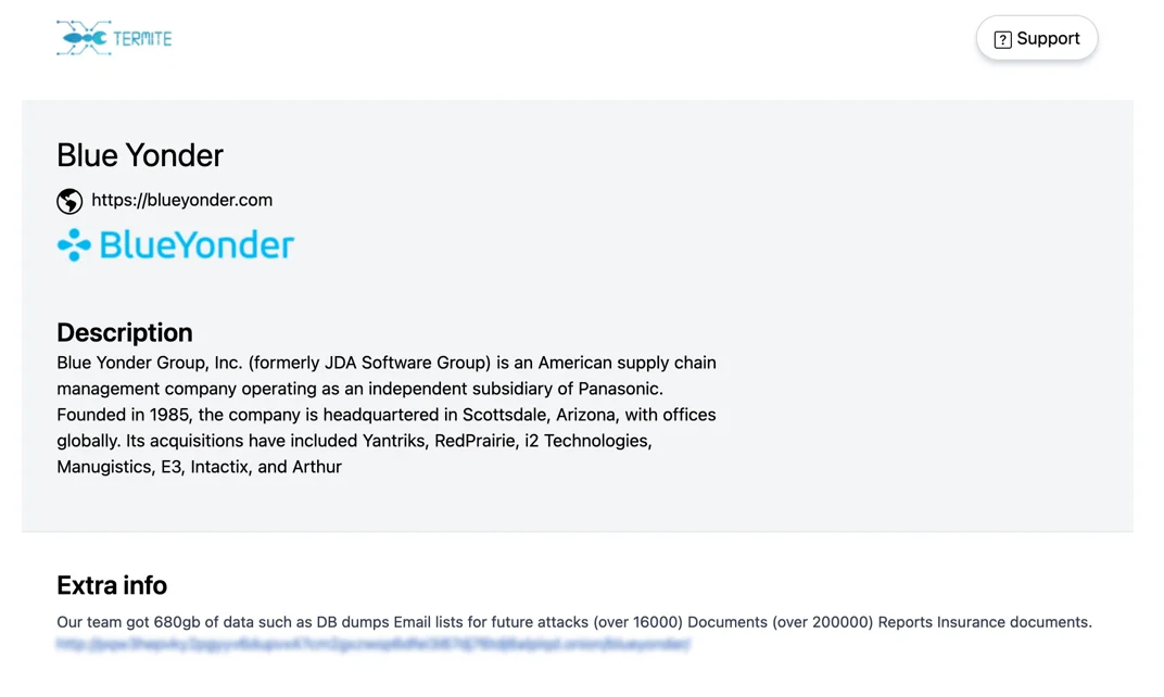 Victim listing of Blue Yonder on Termite Ransomware’s data leak site