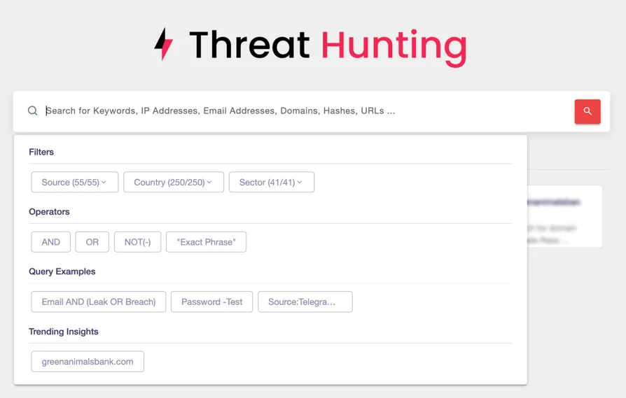 Threat Hunting search page on SOCRadar XTI platform