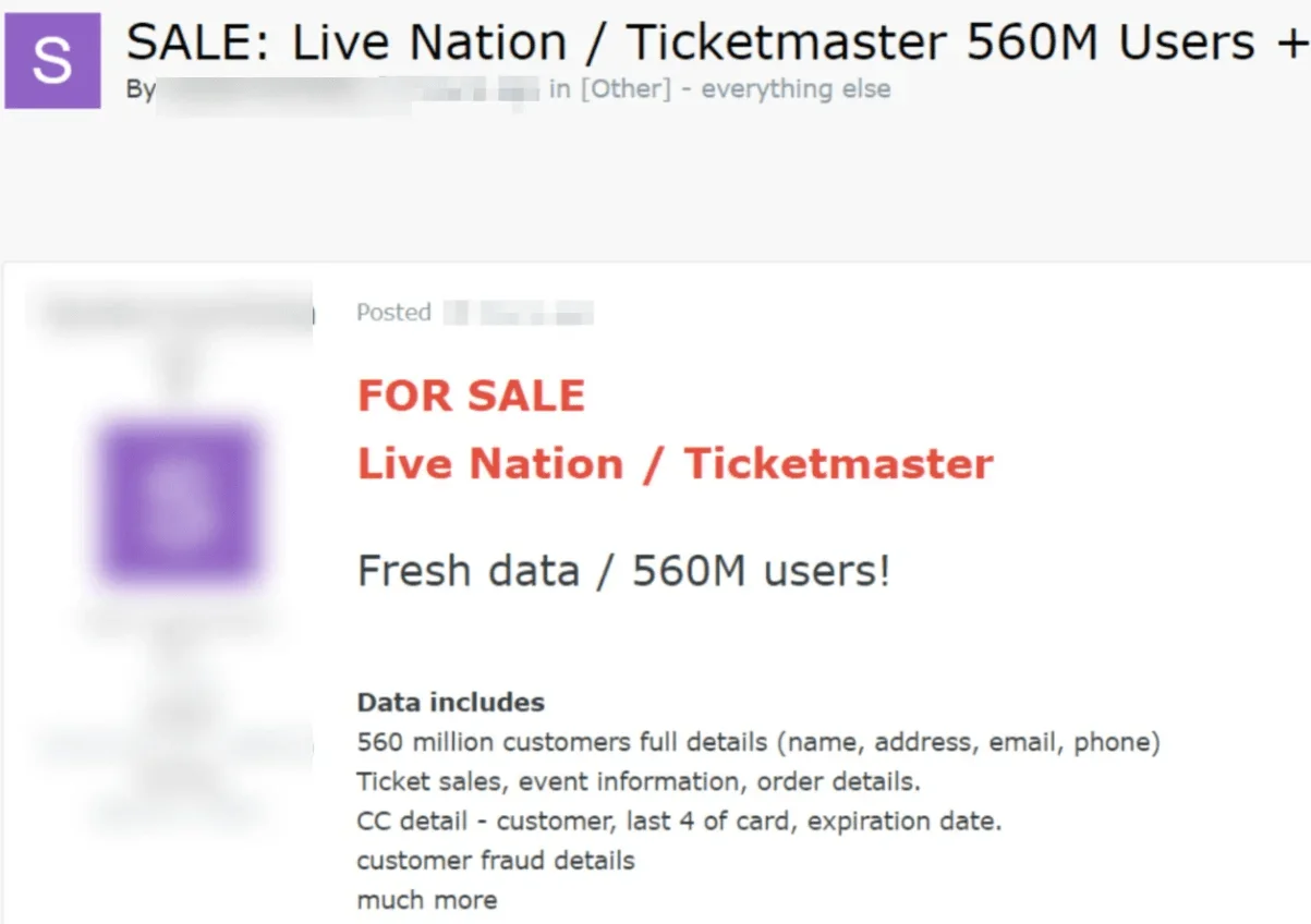 Ticketmaster data breach post by SpidermanData