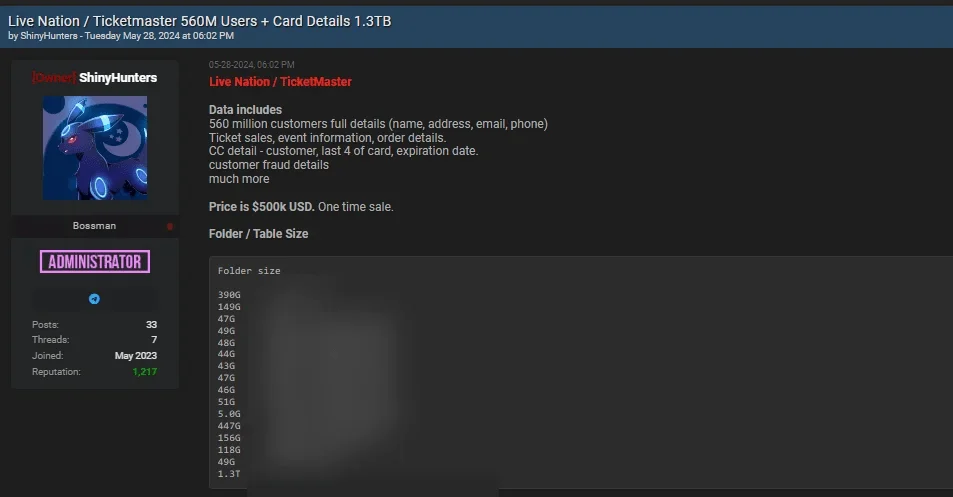Mirrored Ticketmaster data breach post by ShinyHunters