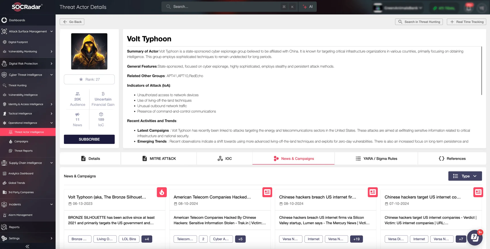 Volt Typhoon details on SOCRadar Threat Actor Intelligence – the module delivers insights into adversary TTPs and operations, helping you understand their focus and identify IOCs to strengthen defenses.