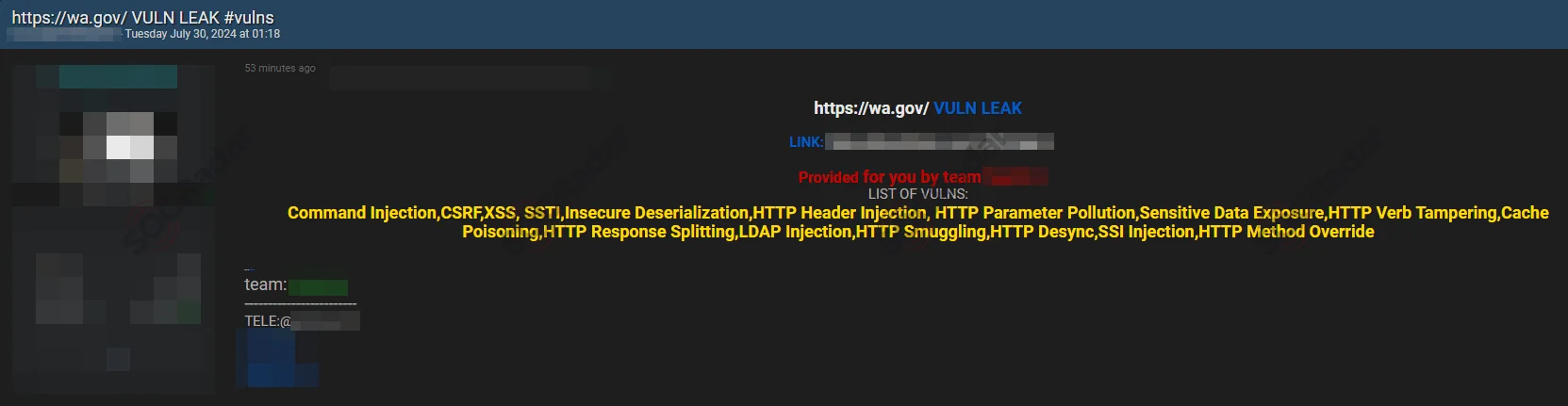 Threat actor claims to have found vulnerabilities in the State of Washington website (Source: SOCRadar Dark Web News)