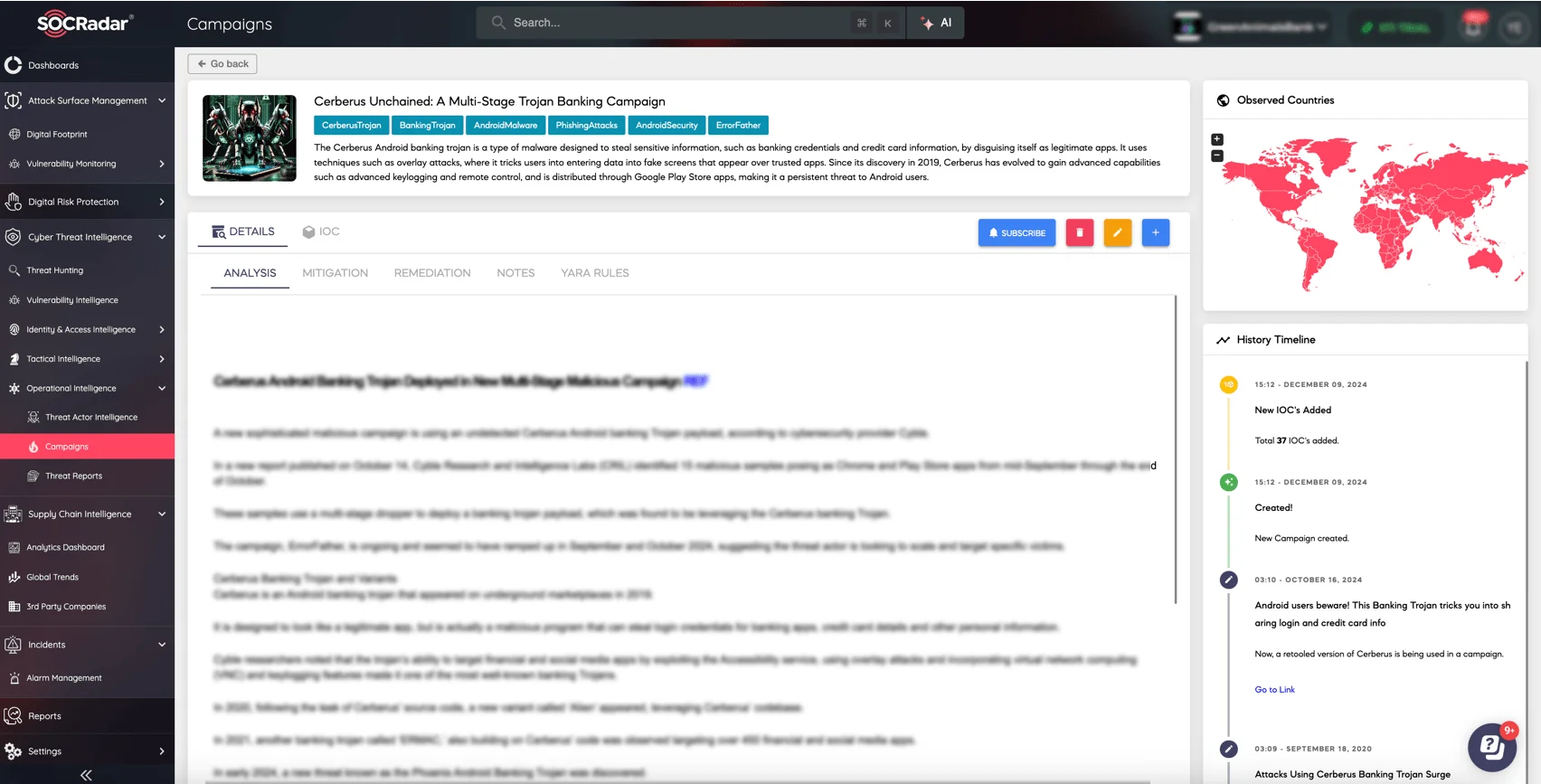 The campaign page for Cerberus on SOCRadar XTI platform