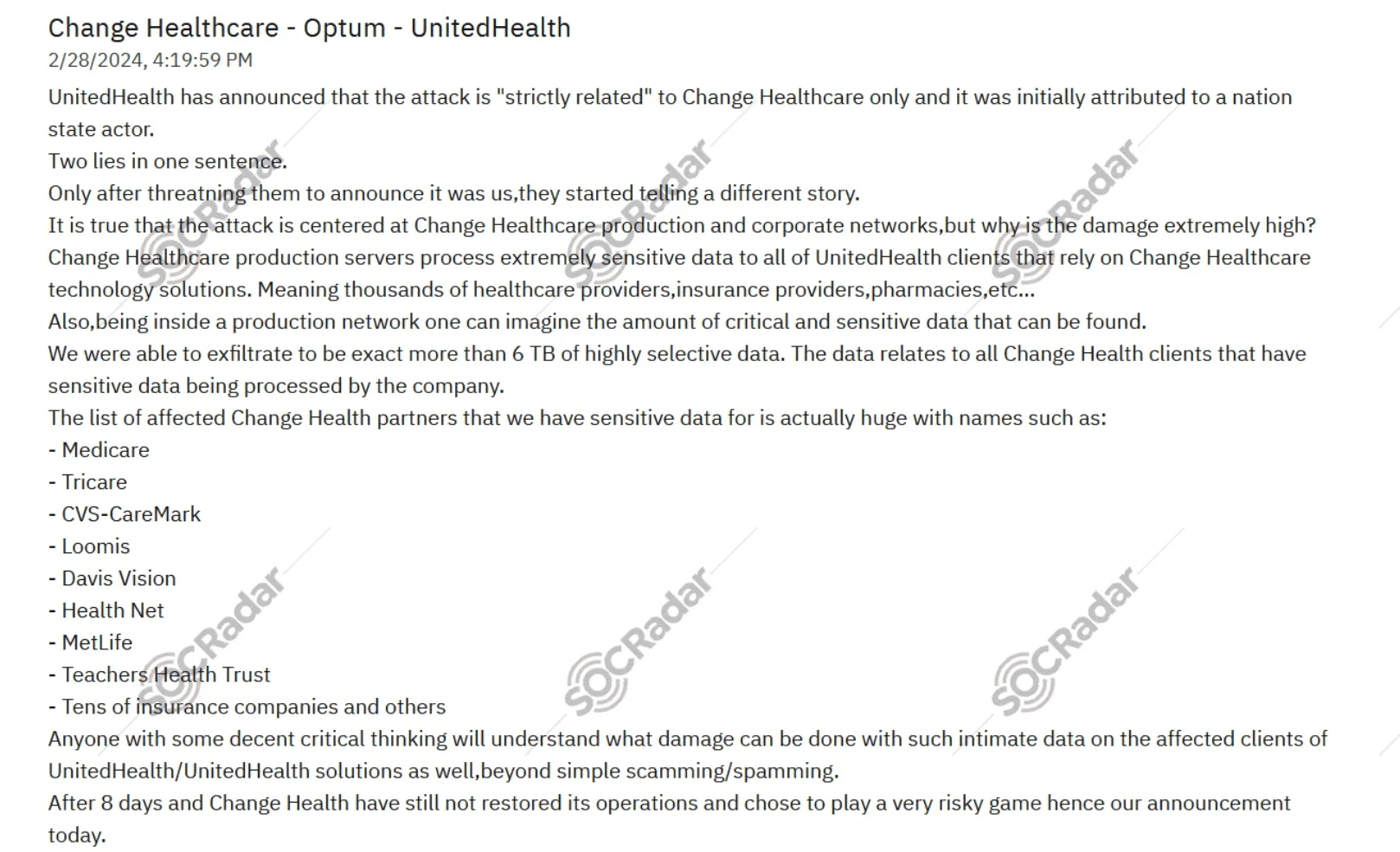 ALPHV’s victim listing of Change Healthcare in 2024 (Source: SOCRadar Dark Web News)