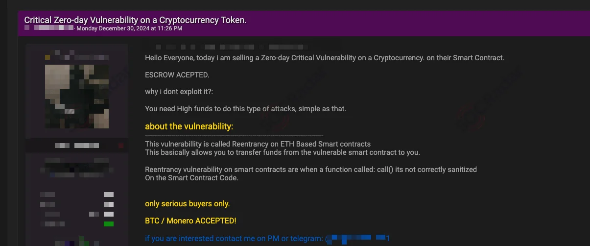 A dark web post offering a critical Ethereum smart contract vulnerability