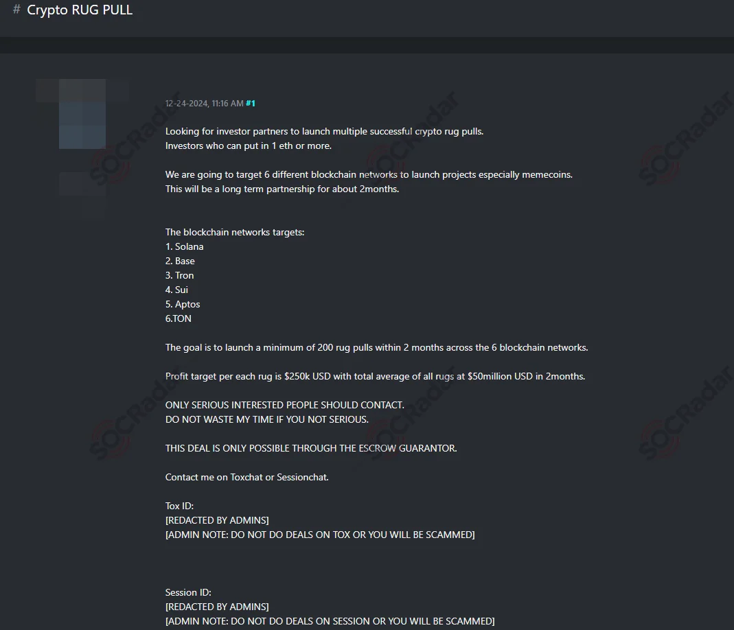 A dark web post recruiting partners for a large-scale crypto rug pull scheme targeting multiple blockchain networks