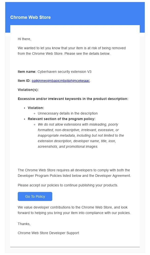 Phishing email by Chrome Web Store (Source: Cyberhaven)