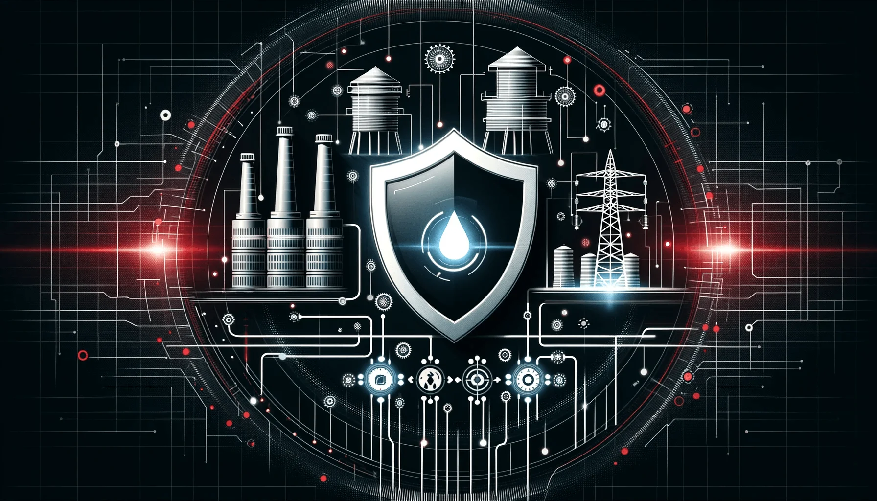 Illustration of cybersecurity safeguarding energy and water infrastructure with a central digital shield. (Generated by DALL-E)