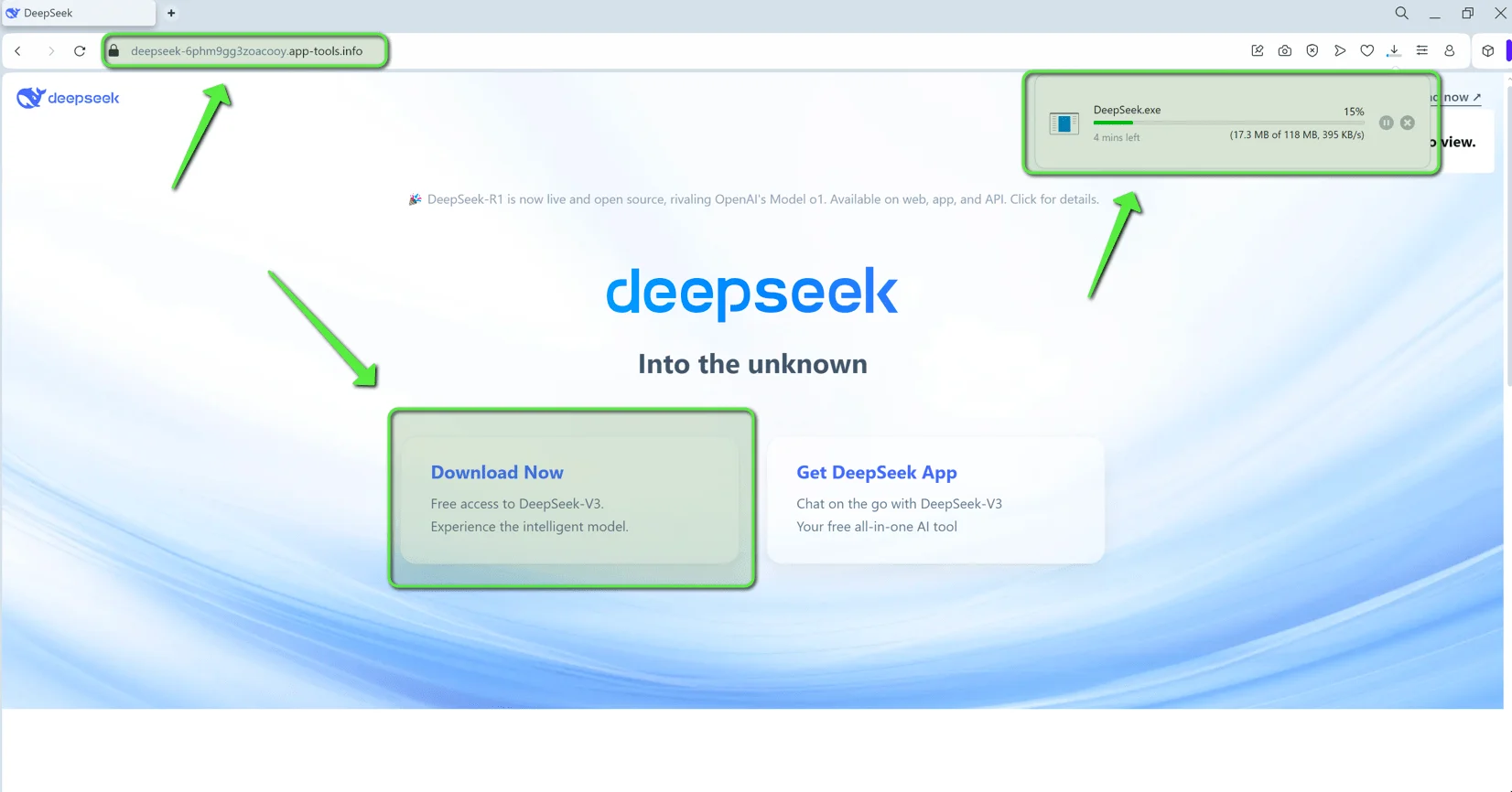 Fake DeepSeek website designed to trick users into downloading a malicious file