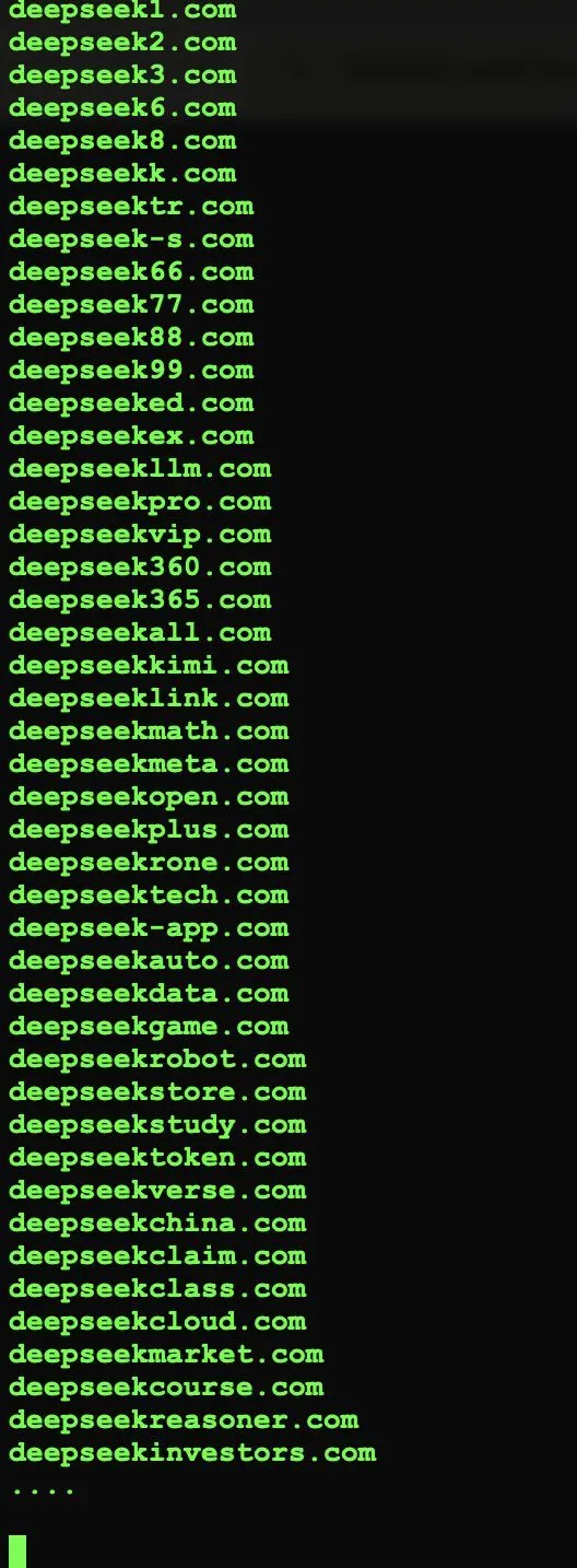 A snapshot of registered malicious domains associated with DeepSeek. Users are urged to verify they are on the official website before entering personal details.