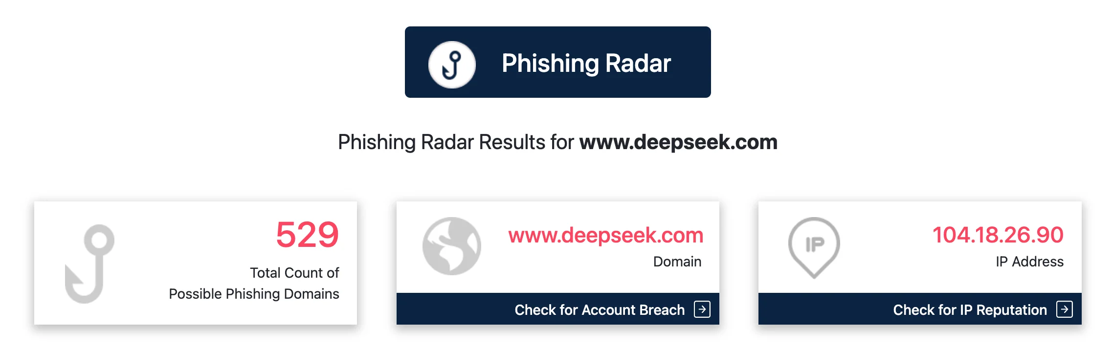 An example from SOCRadar’s Phishing Radar, highlighting the total count of malicious domains linked to DeepSeek and actionable features for protection.