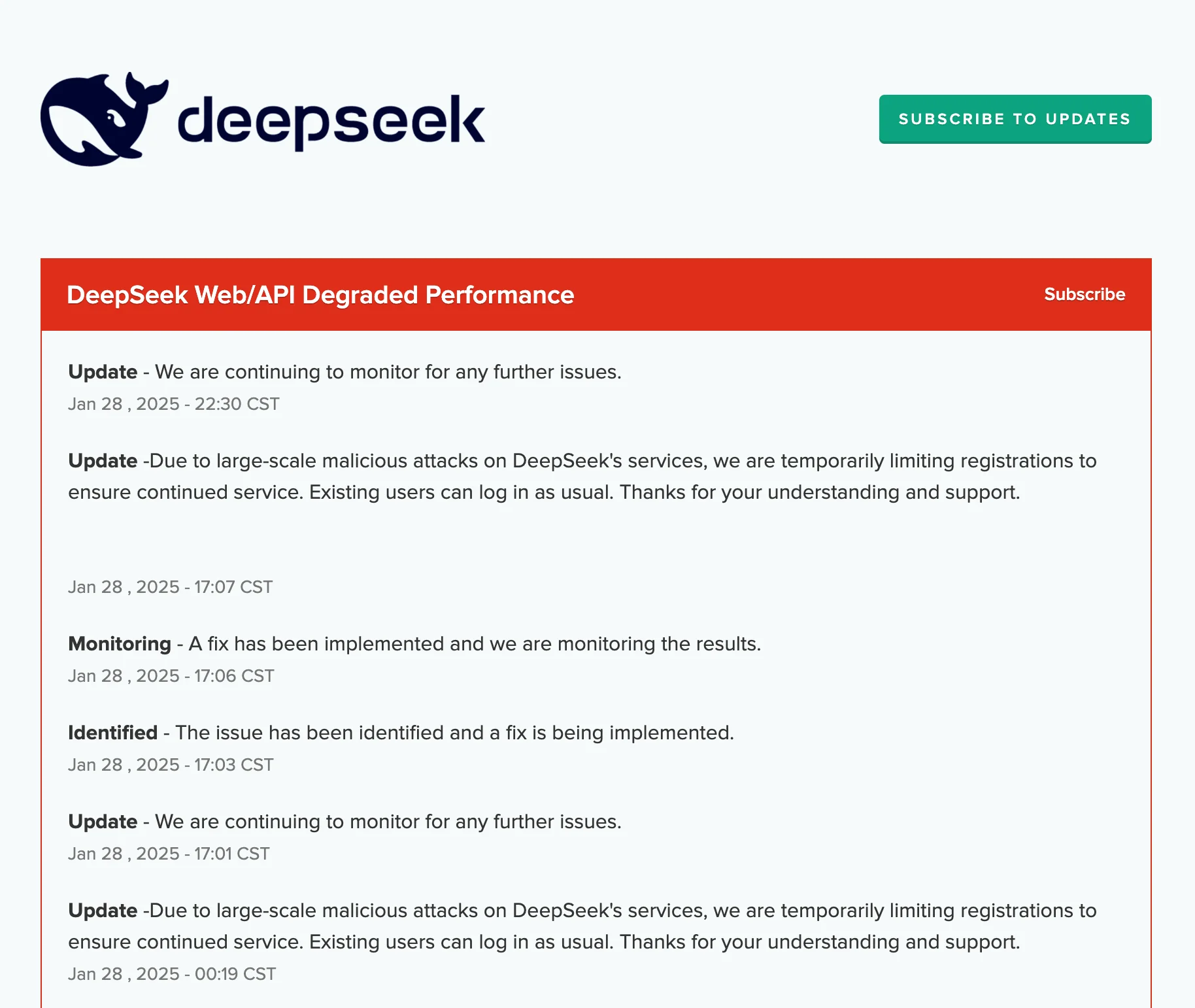 A screenshot from DeepSeek’s status page, reflecting their ongoing monitoring of issues.