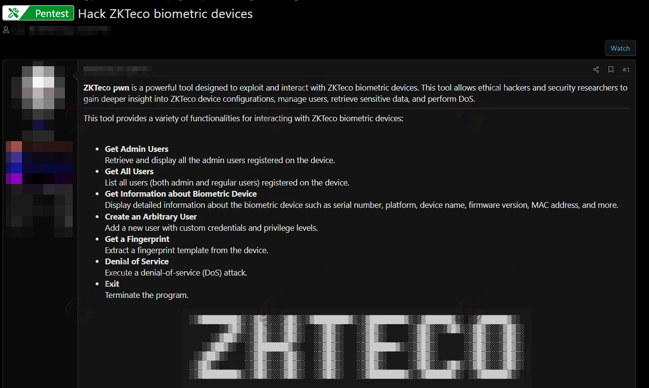 Alleged Hacking Tool Targeting ZKTeco Biometric Devices Surfaces on Dark Web forum