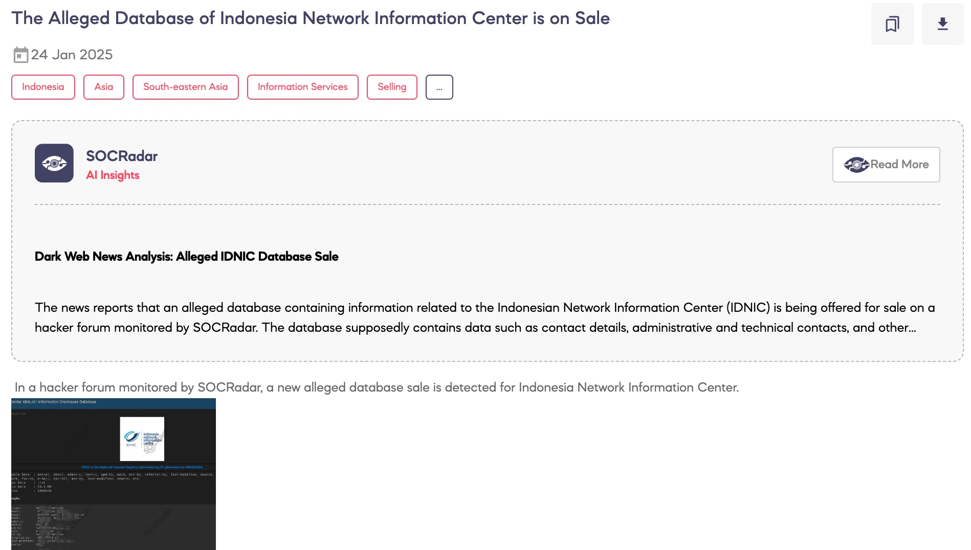 Alleged Database of Indonesia Network Information Center is on Sale