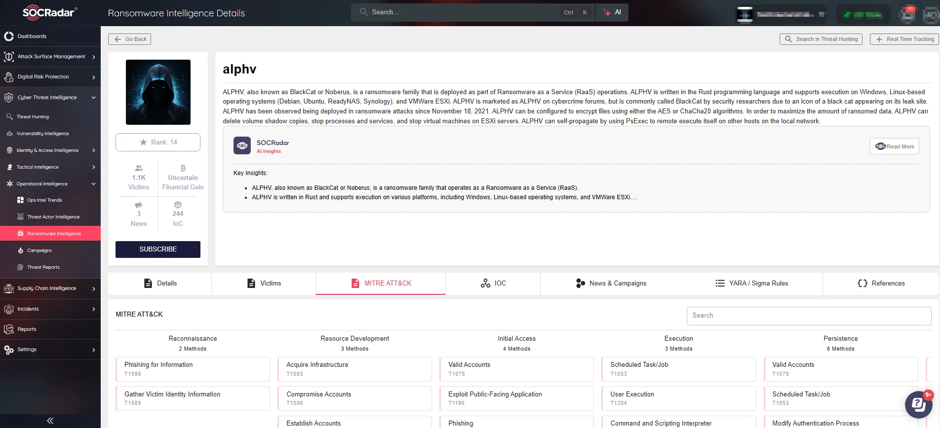 Details of ALPHV (BlackCat) on SOCRadar’s Ransomware Intelligence module