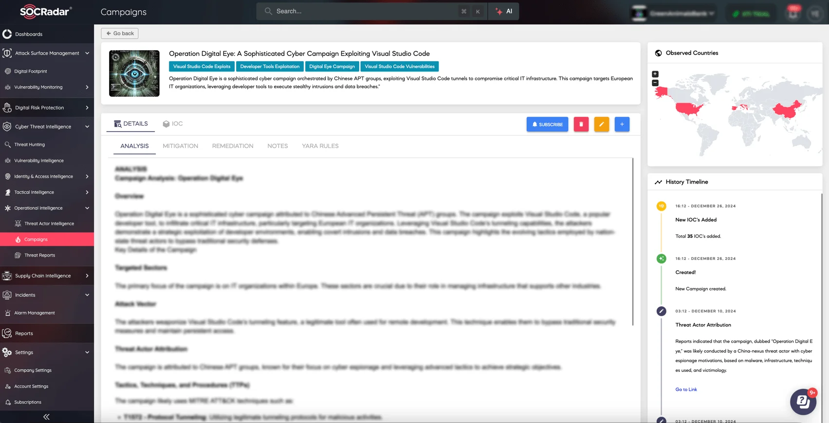 Details of Operation Digital Eye on SOCRadar XTI platform’s Campaigns page
