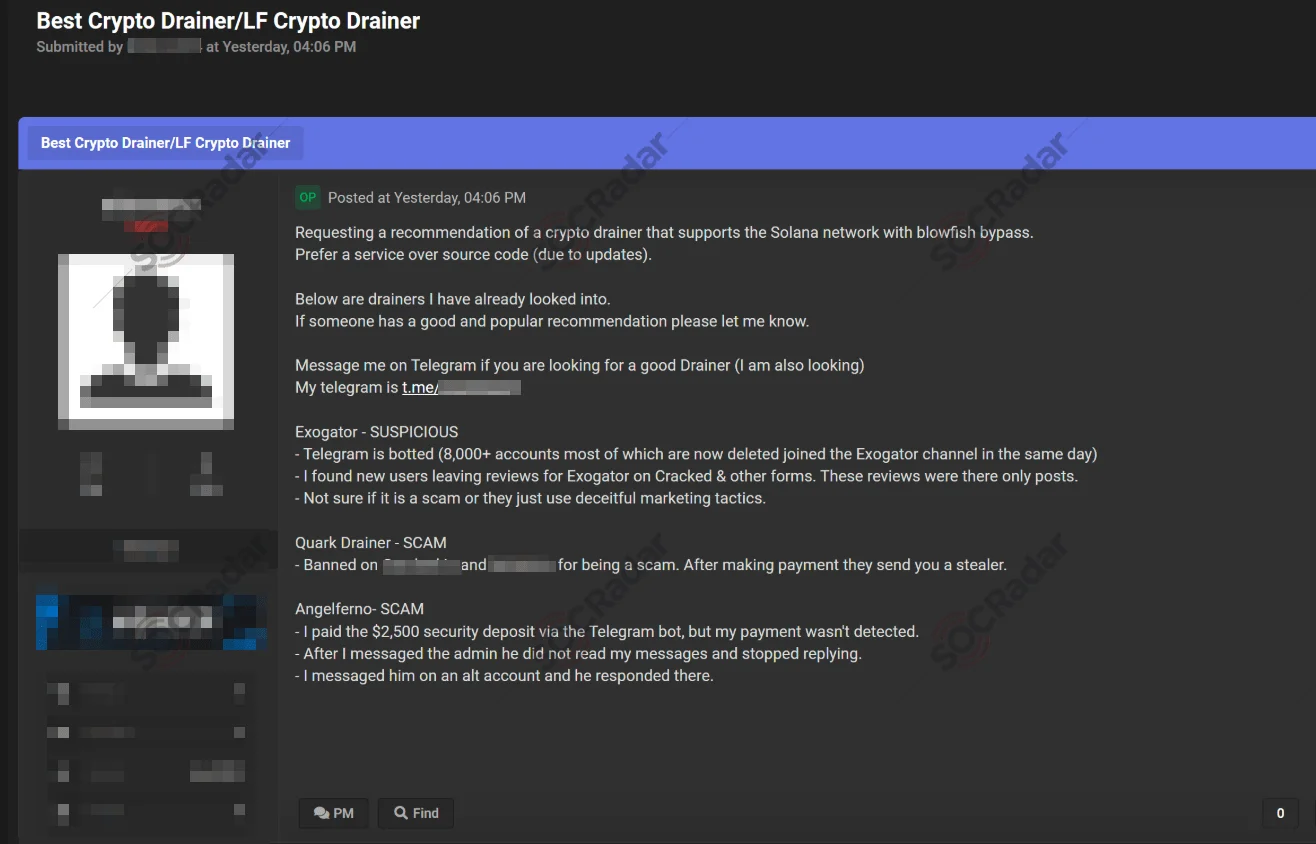 A dark web forum post discussing a crypto drainer service for the Solana network