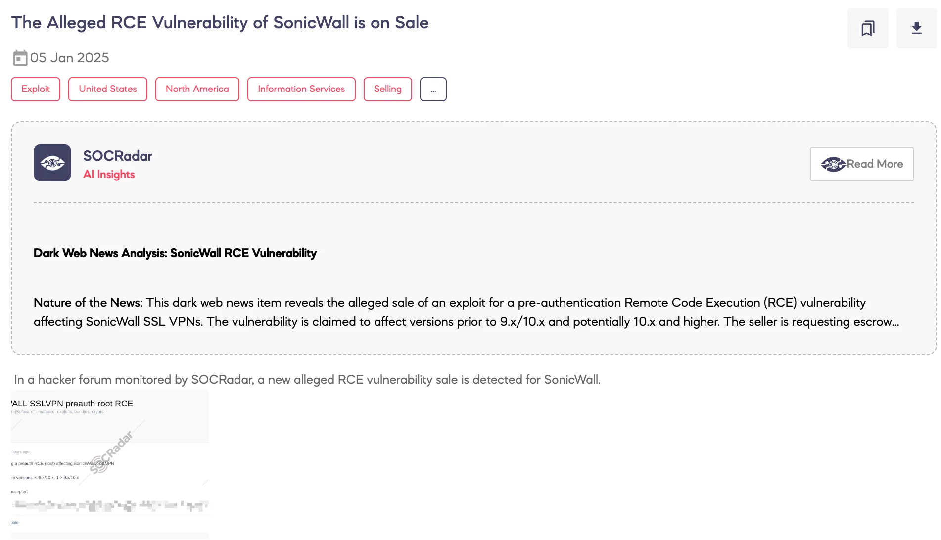 Alleged RCE Vulnerability of SonicWall is on Sale