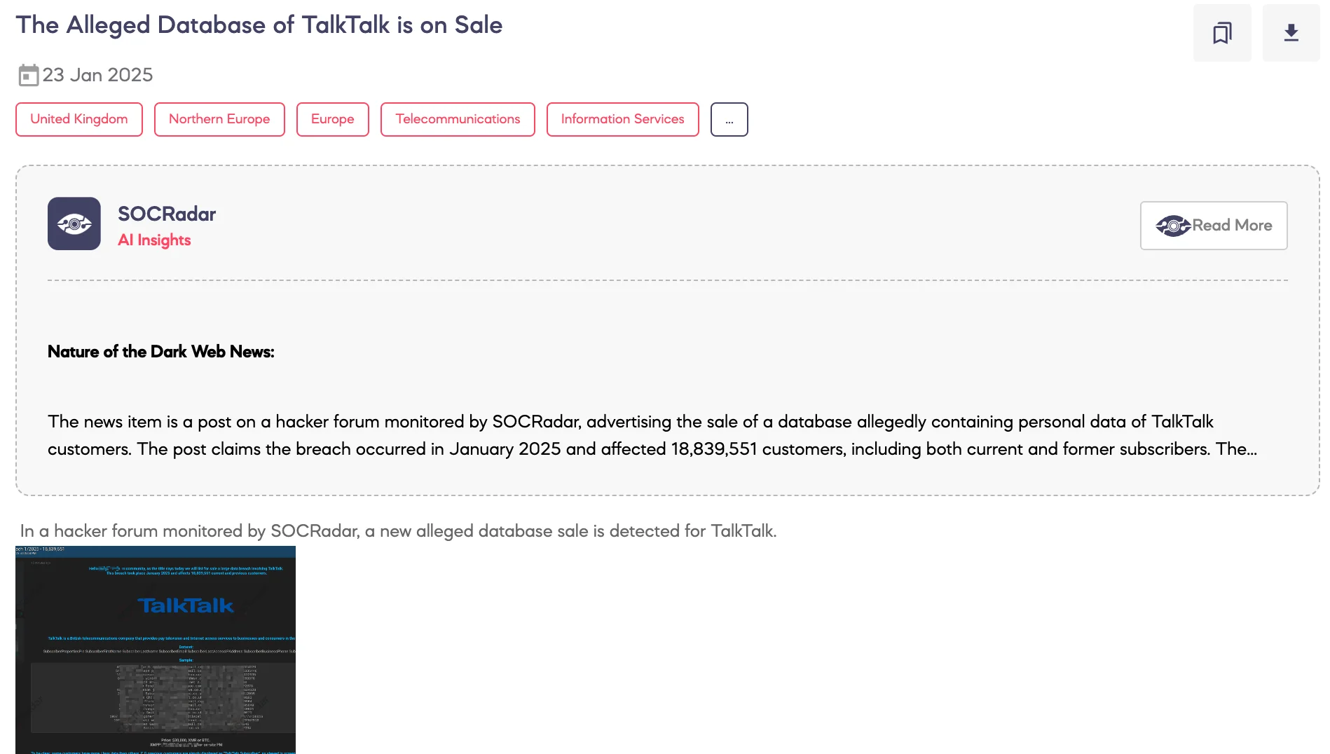 Alleged Database of TalkTalk is on Sale