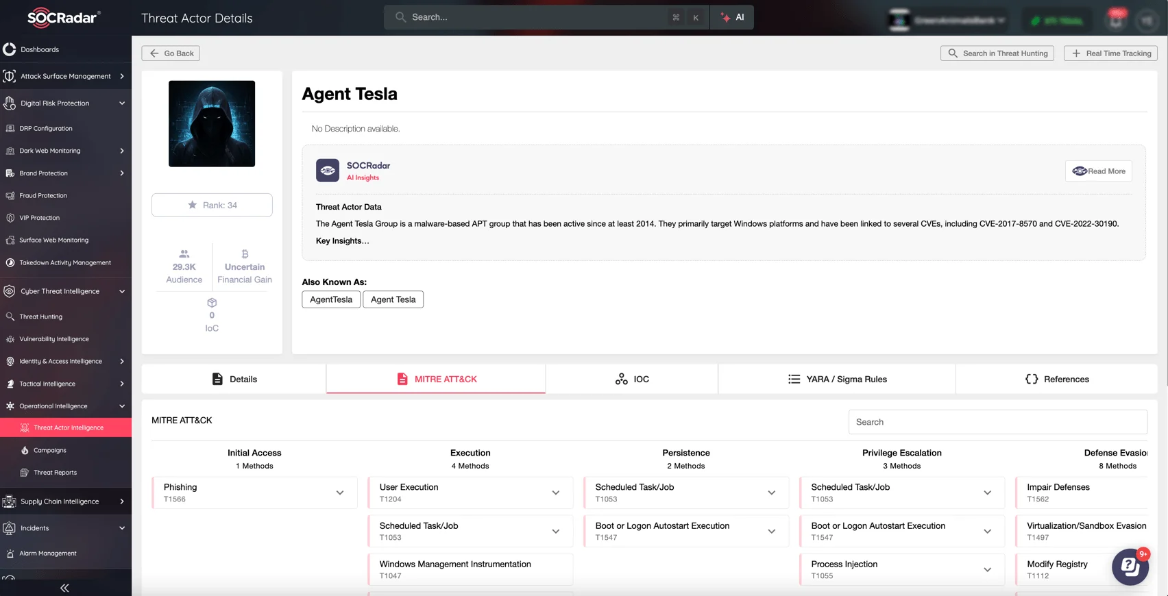 SOCRadar's Threat Actor Intelligence module provides in-depth profiles, MITRE ATT&CK mappings, and actionable insights to track adversaries like Agent Tesla effectively.