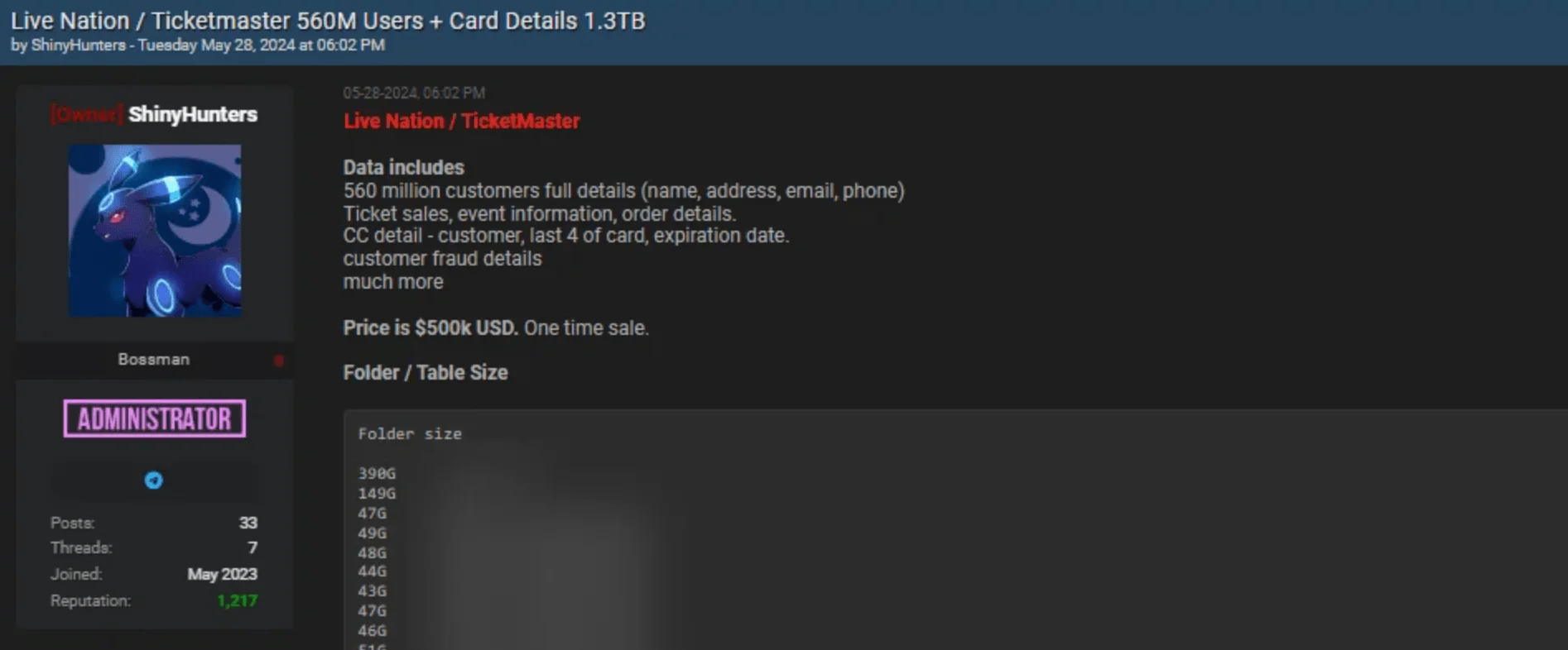 Ticketmaster breach post on the Dark Web forum