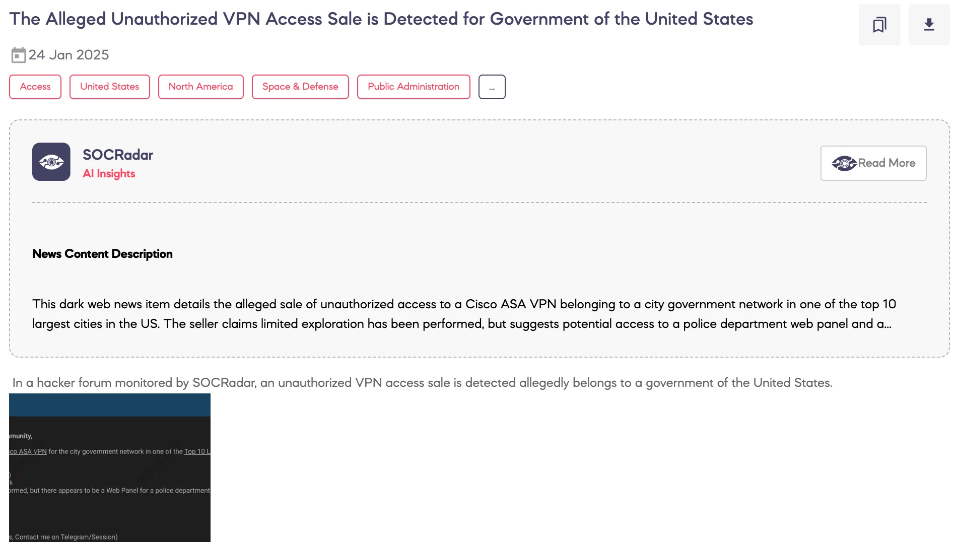 Alleged Unauthorized VPN Access Sale is Detected for Government of the United States