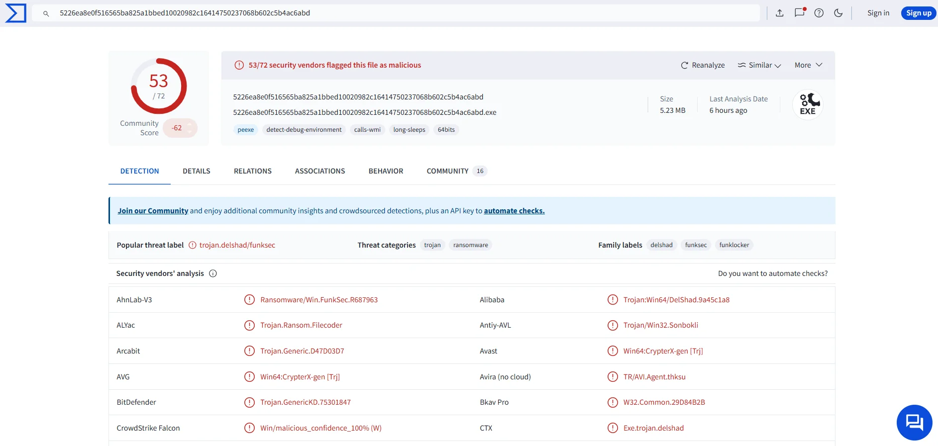 Uploaded sample to VirusTotal, Hash value: 5226ea8e0f516565ba825a1bbed10020982c16414750237068b602c5b4ac6abd