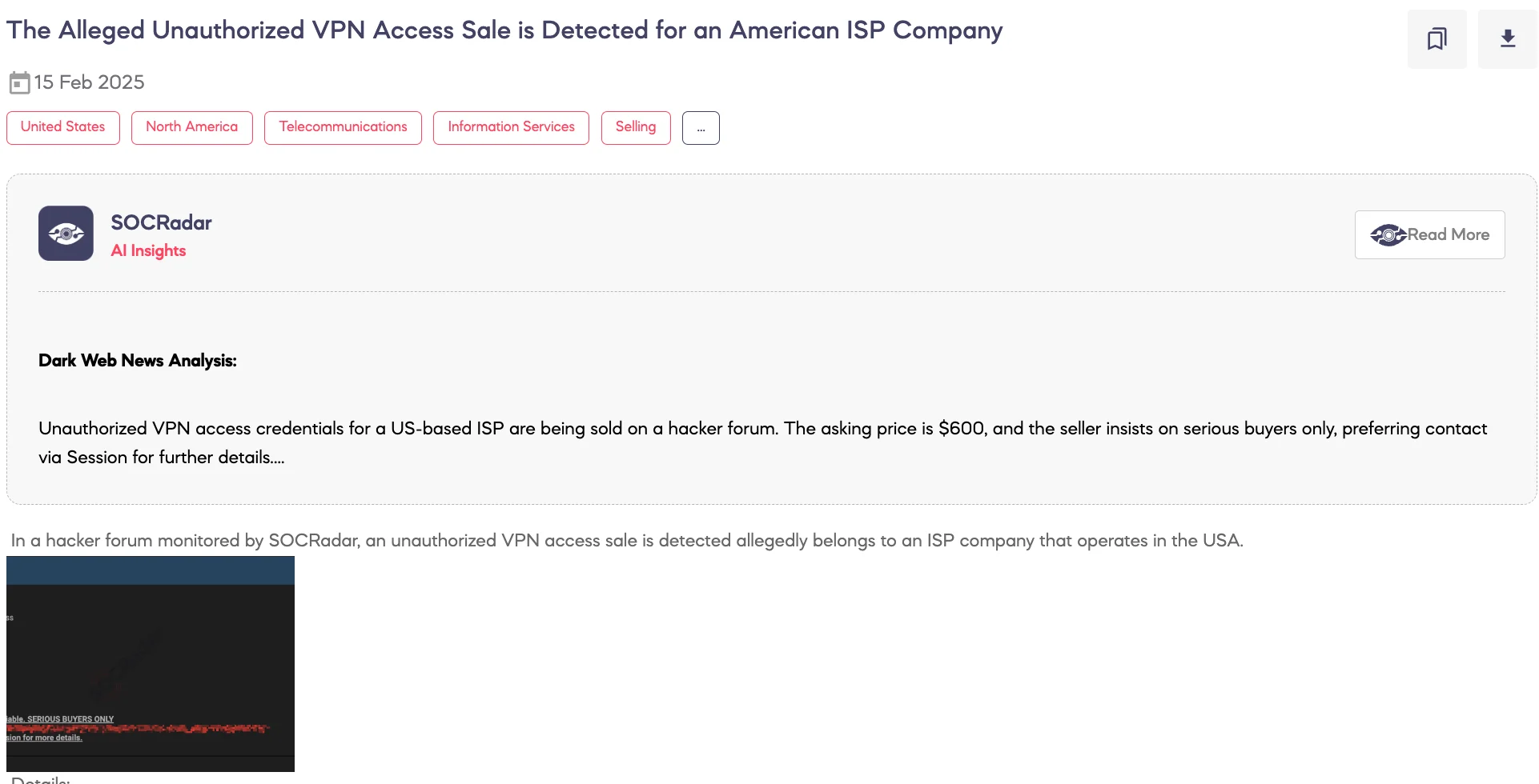 An Alleged Unauthorized VPN Access Sale is Detected for an American ISP Company