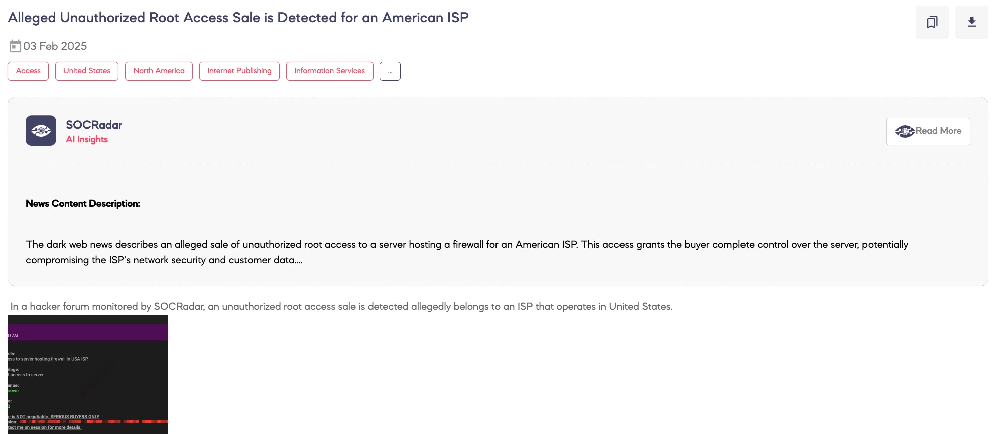 Alleged Unauthorized Root Access Sale is Detected for an American ISP