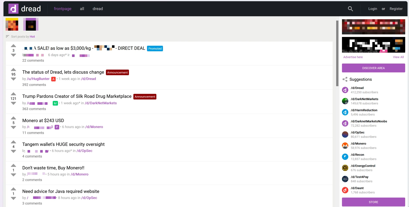 A screenshot of the Dread forum homepage.