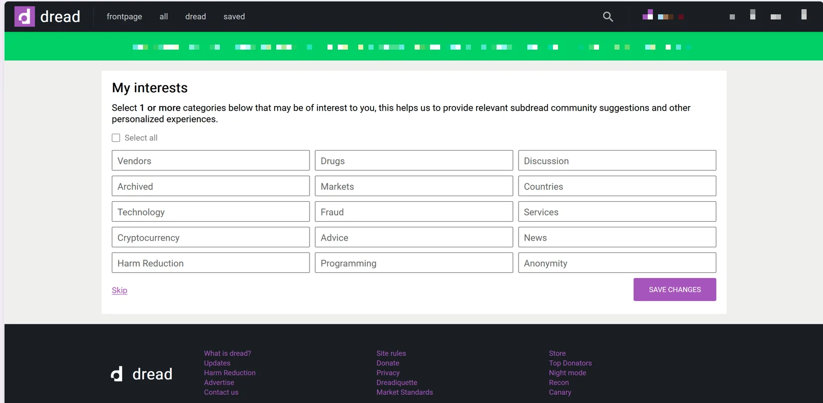 Dread forum's My Interests selection page, allowing users to customize their experience by choosing discussion categories.