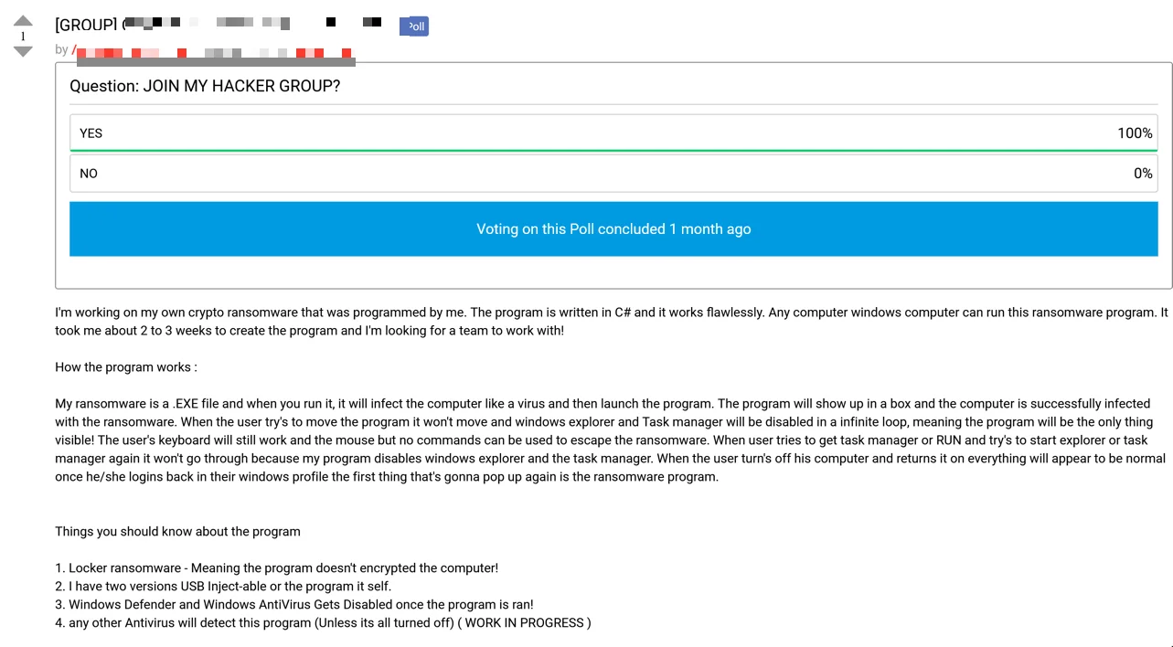 Poll post on Dread forum inviting members to join a ransomware development group, detailing the functionality of a custom ransomware written in C#.