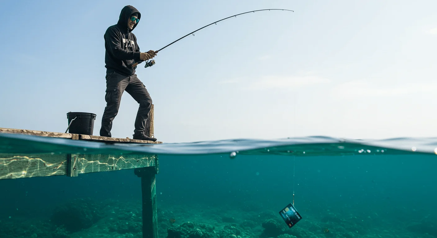 A fisherman collecting credit cards, Generated by ImageFx