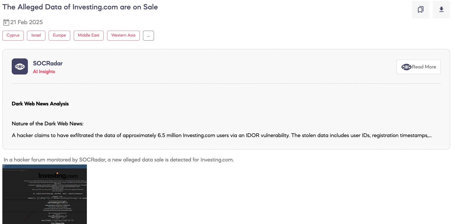 Alleged Data of Investing.com are on Sale