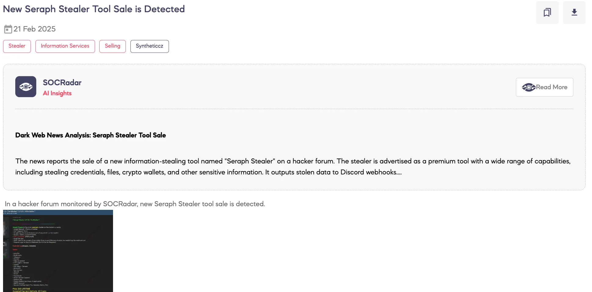 New Seraph Stealer Tool Sale is Detected