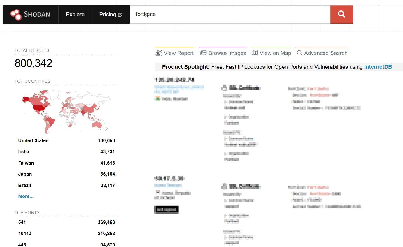 Shodan, searching for FortiGate devices