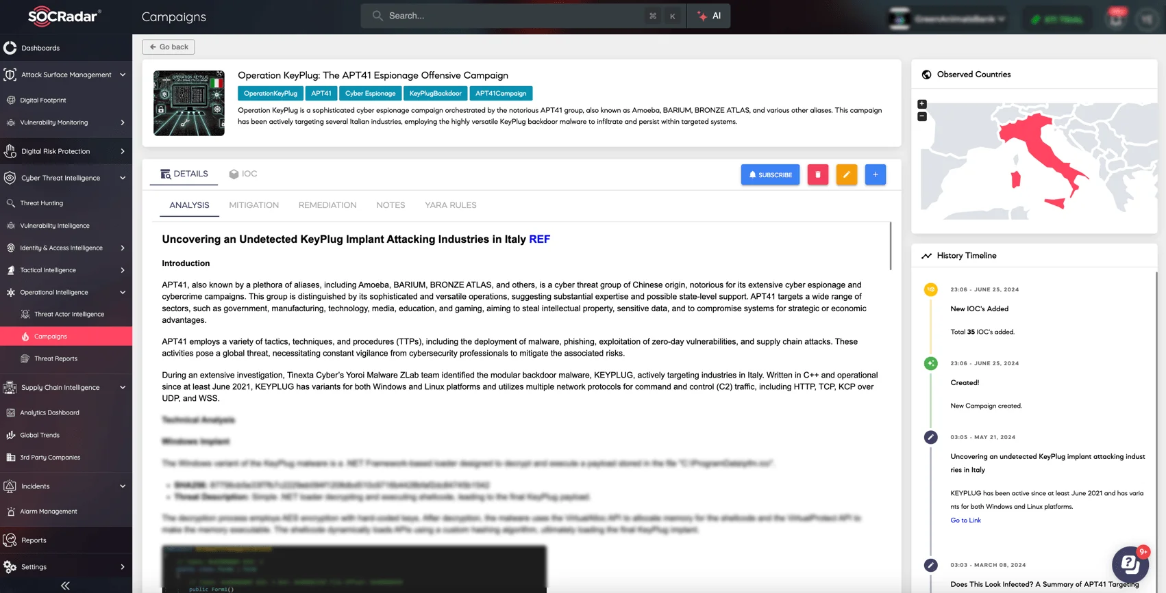 Details of APT41 Operation KEYPLUG on SOCRadar XTI platform’s Campaigns page