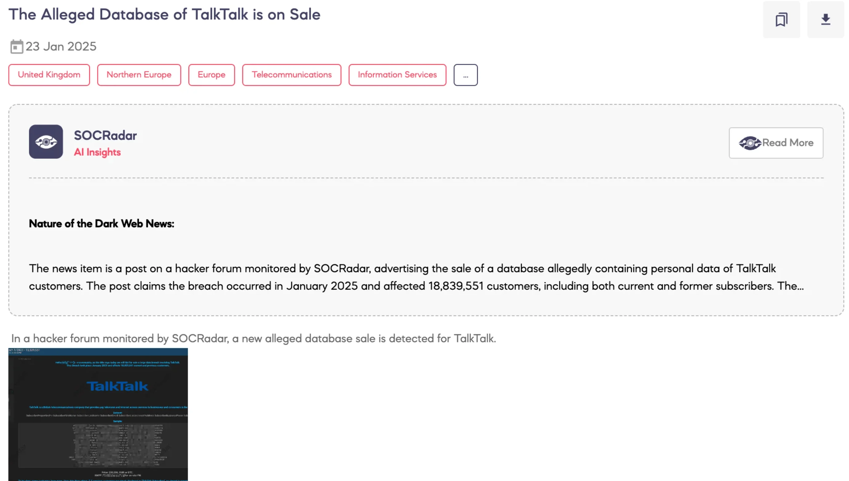 Initial Dark Web post alert regarding the alleged TalkTalk breach (SOCRadar Dark Web News)